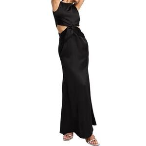 TFNC Deep V Back Waist Cutout Satin Maxi Dress in Black, Size 8​​​​